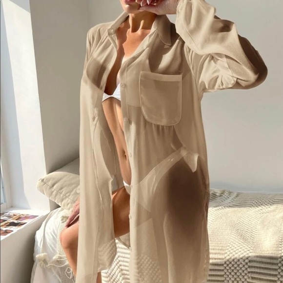 Shirt kimono bikini cover-up button collar slit side khaki top beach summer - Picture 2 of 5